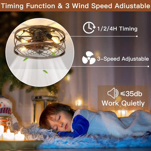 Dope Industrial Cage Ceiling Fan With Light Remote Control 20 Inch Low Profile Flush Mount Farmhouse Style Black Iron Cage For Bedroom