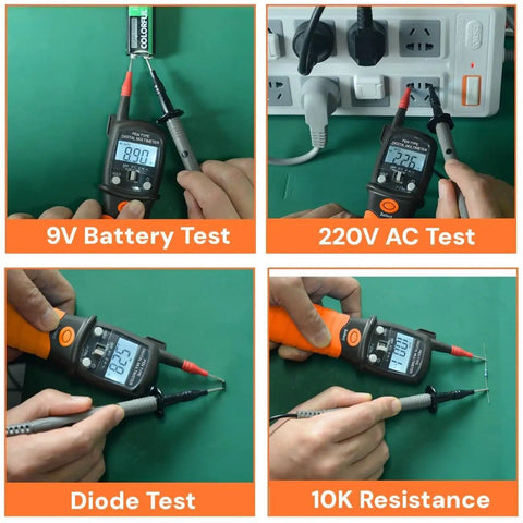 Compact Digital VOM Meter For DIYers And Auto Fixers Pen Sized Volt Meter testing battery, AC, diode, and resistance