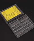 Pro Level Stainless Steel Crosshead Screws For Watch Case Back Repair With Several Precision Sizes Arranged Inside A Secure Labeled Storage Bin Silver Edition