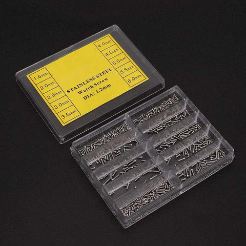 Pro Level Stainless Steel Crosshead Screws For Watch Case Back Repair With Several Precision Sizes Arranged Inside A Secure Labeled Storage Bin Silver Edition
