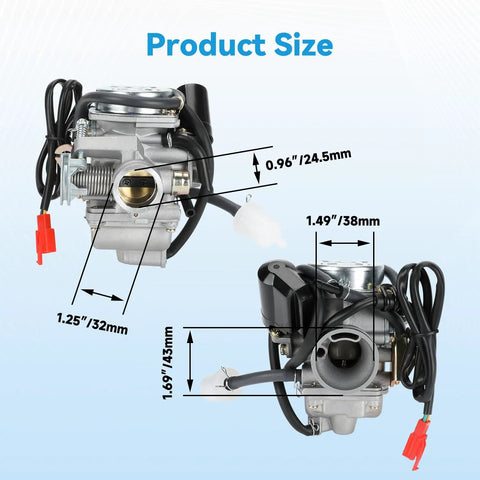 Product dimensions of GY6 150Cc PD24J Carburetor Kit with Ignition Coil Starter Solenoid CDI for scooters and ATVs