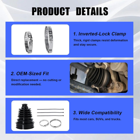 EKUWU CV boot repair kit, black, for most cars; includes 2 stainless clamps and 3 cable ties