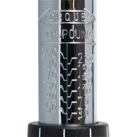Close-up of dual scale on Three Eighths Inch Drive Torque Wrench With 250 Inch Pounds Capacity, Dual Scale Inch Pounds And Newton Meters, Audible Click