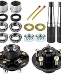 Front view: RigsNParts trailer idler hub kit, 4.5-inch bolt pattern; two silver spindles and two black hubs.