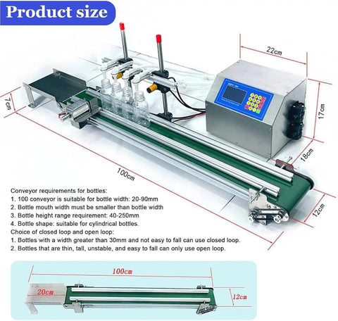 Desktop Automatic Liquid Filler Machine With Belt Conveyor, 4 Nozzle Digital Control System For Juice Wine Detergent 10 To 5000ml Bottle Line Ready To Go dimensions with specifications.