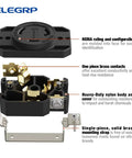 Exploded view of NEMA L5-30R Locking Receptacle Generator Twist Lock Outlet 30 Amp 125V, showing nylon body and brass contacts.