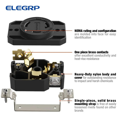 Exploded view of NEMA L5-30R Locking Receptacle Generator Twist Lock Outlet 30 Amp 125V, showing nylon body and brass contacts.
