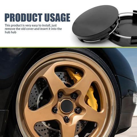 4 Pack Car Wheel Center Caps 2 In By 1.9 In By 0.6 In Snap In Hub Covers Black Weather Resistant And Durable installed on a vehicle rim.