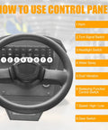 Control panel of Tough As Nails Ride On Floor Sweeper with buttons for functions like horn and headlights, designed for easy operation.