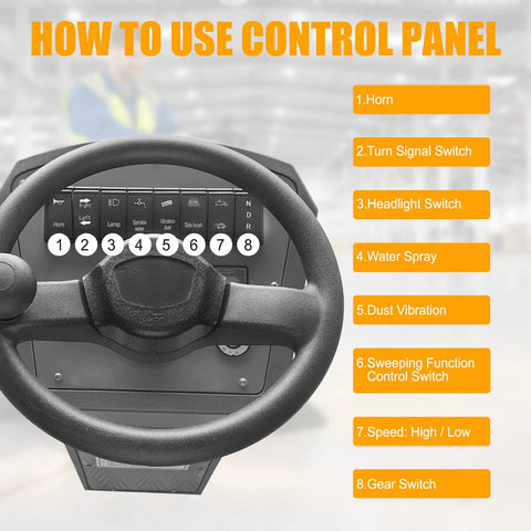 Control panel of Tough As Nails Ride On Floor Sweeper with buttons for functions like horn and headlights, designed for easy operation.