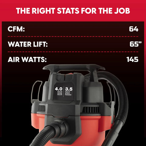 Compact 4 Gallon Wet Dry Shop Vac With 3.5 Peak Hp Motor specifications showing CFM, water lift, and air watts.
