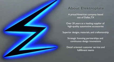 About Elektroplate company details, Dallas-based automotive accessory supplier, blue zigzag design on metal background.