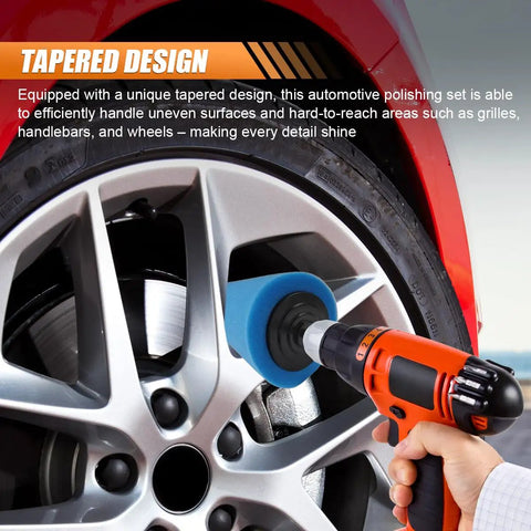 Using Five Piece Car Wheel Hub Drill Buffing Sponge Pads Kit With Three Inch Shank Polishing Pads on silver car wheel