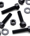 Ten Piece Black Nylon Hex Head Bolts M12 X 50Mm Plastic Fasteners Including Matched Nuts And Washers For Top Shelf Electrical Repairs Heavy Duty Corrosion Free Hardware No Sweat, showing black bolts and nuts.