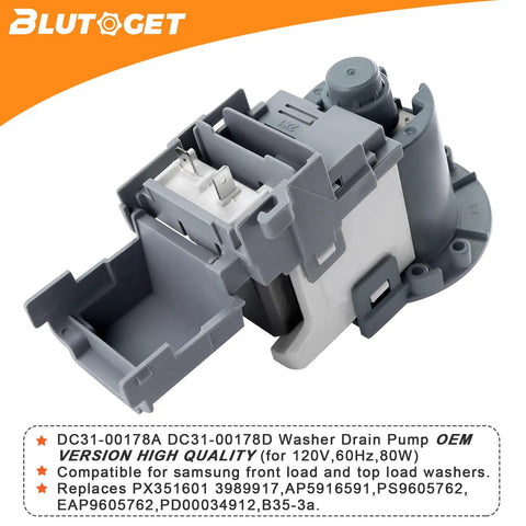 Samsung Front Load Washer Drain Pump Motor Upgrade For DC31 00187A 00178D PX3516 01 DC97 20621A DC97 19289F B35 3A B40 3 WA52M7750AV A4