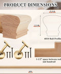 Premium Grade Six Foot Red Oak Handrail Kit With Rock Solid Brass 90 Degree Arms And No Sweat Wall Mount Setup Plus Complete Hardware dimensions and profile details.