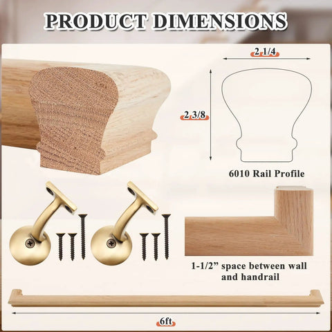 Premium Grade Six Foot Red Oak Handrail Kit With Rock Solid Brass 90 Degree Arms And No Sweat Wall Mount Setup Plus Complete Hardware dimensions and profile details.