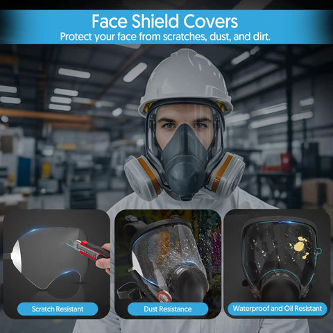 Worker wearing full-face respirator with 30 Pack Peel Off Lens Covers For 6885 6000 6700 6800 6900 Series Face Shield Protectors