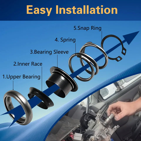 KPALAG steering column upper bearing kit exploded view: upper bearing, inner race, sleeve, spring, snap ring