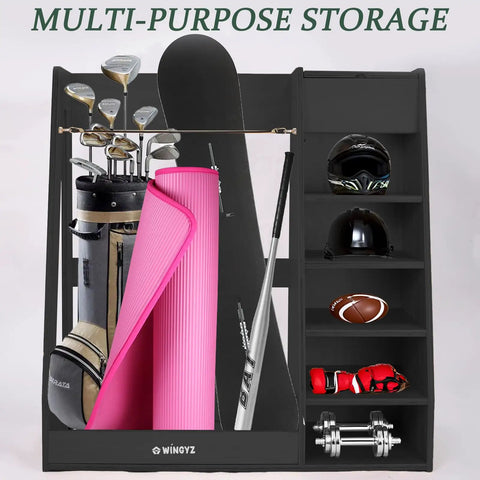 Birch Plywood Golf Bag Storage For Two Bags With 36Lb Rock Solid Organizer And 7 Shelf Command Center Plus Artificial Turf 12 Ball Display No Wall Mounting Needed Black showing golf bags and multi-sport gear.