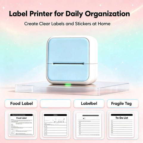Portable Bluetooth Mini Label Maker Featuring No Sweat Inkless Thermal Printing For Crisp Photos And Totally Effortless Home Organization Sticker Sheets on a transparent stand.