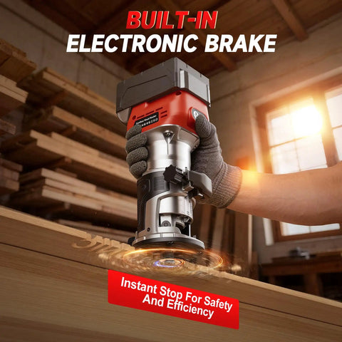 Heavy Duty Cordless Palm Router With A Beefy 800W Brushless Motor Churning Up To 28000 Rpm For Fast Woodworking Cuts in use on wood.