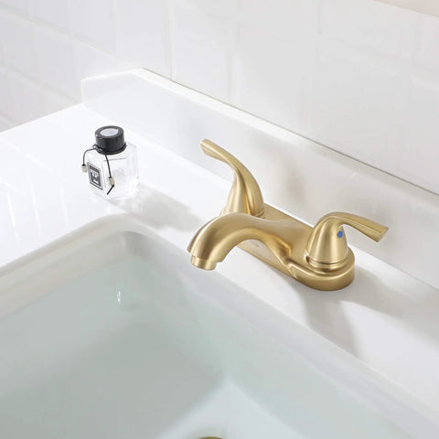 Two-Handle Bathroom Sink Faucet in Brushed Gold with Metal Push and Seal Pop-Up Drain, Included Supply Hose, Lead-Free, cUPC NSF 61