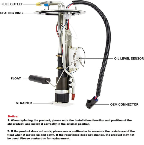 Ford Fuel Pump Assembly Replacement for 1999 2000 2001 2002 2003 F 150 and 2004 F 150 Heritage and 1999 F 250 with Upgraded Core Components for Efficient Fuel Delivery and High Precision Oil Level Sensor for Reliable Starts showing components including sealing ring, strainer, and oil level sensor.