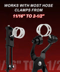 Front view of black automotive hose clamp pliers with white plastic rings and metal clamps.