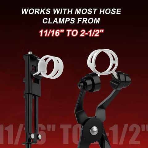 Front view of black automotive hose clamp pliers with white plastic rings and metal clamps.
