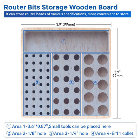 Router Bits Storage Wooden Board with labeled sections for different tool sizes, 3.9-inch square, fits Forty Piece Pro Grade End Mills CNC Router Bit Set