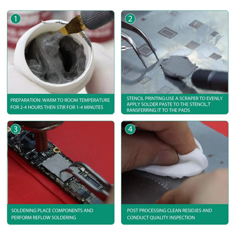 Sn63 Pb37 SMD Solder Paste For Phone Repairs No Clean Tin Lead Alloy usage steps with application on stencil and PCB inspection