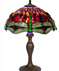 Dragonfly Glass Table Lamp In Vintage Stained Glass Style Vibrant Burst Of Green Purple Blue With Red Accents 27 Inch Tall