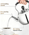 Stovetop 2 Quart Tea Kettle With Whistle In 18/8 Stainless Steel For Gas Or Electric Stovetops, easy pour spout, mirror polished.