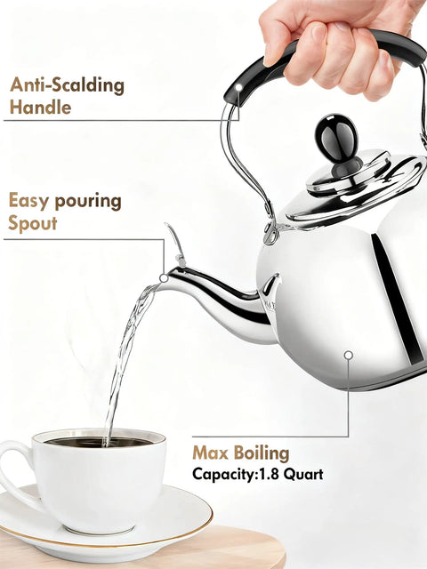 Stovetop 2 Quart Tea Kettle With Whistle In 18/8 Stainless Steel For Gas Or Electric Stovetops, easy pour spout, mirror polished.