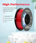 Red 3D printer filament spool, labeled Creality, on a marble platform, showcasing high performance, odorless and moisture-resistant features.