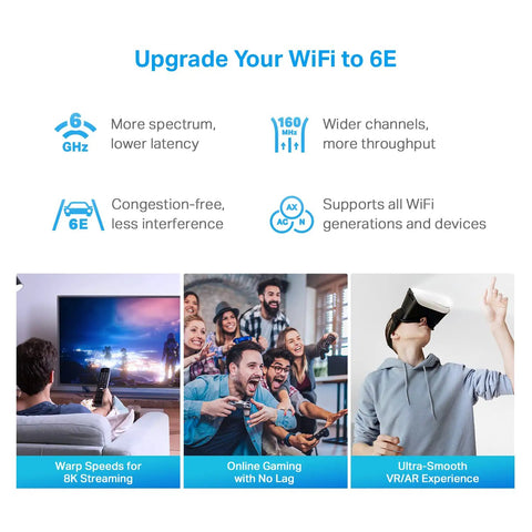 Promotional image for Deco XE75 Pro AXE5400 Tri-Band WiFi 6E Mesh System showcasing streaming, gaming, and VR experiences.