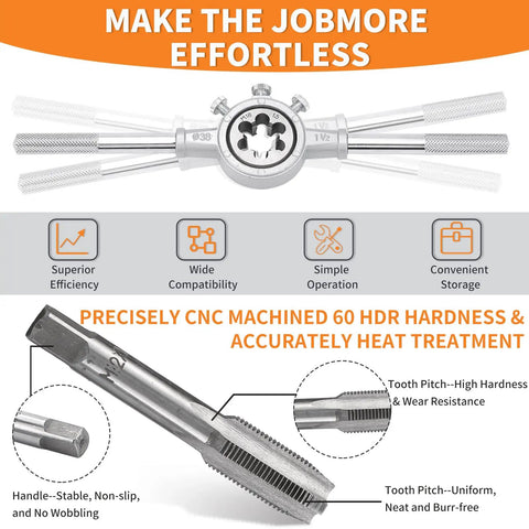 Go-To All-In-One Tap And Die Set For Cutting External And Internal Threads Bearing Steel Rethreading Tool Kit features and benefits