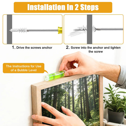 Installation steps for Heavy Duty Self Drilling Drywall Anchors And Screws, featuring bubble level use and anchor placement.