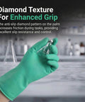 Real Deal Nitrile Chemical Resistant Work Gloves, 18 Mil Thick Puncture Proof Industrial Safety Gear, 12 Pair Pack Handled Tough Chemical Spills With Ease, Large Size Shop Proven Heavy Hitters, featuring a hand holding a vial with a diamond textured grip.