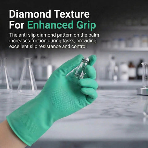 Real Deal Nitrile Chemical Resistant Work Gloves, 18 Mil Thick Puncture Proof Industrial Safety Gear, 12 Pair Pack Handled Tough Chemical Spills With Ease, Large Size Shop Proven Heavy Hitters, featuring a hand holding a vial with a diamond textured grip.