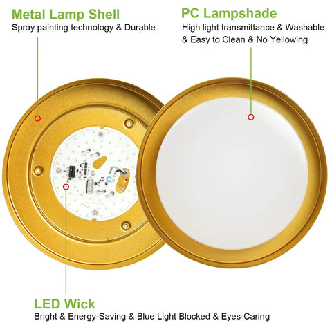 Back and front view of Eighteen Watt Flush Mount LED Ceiling Light, gold interior, showing metal shell and PC lampshade.