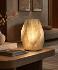 Handcrafted Dope Solid Calcite Table Lamp Carved From Natural Stone With Unique Crystal Veins Dimmable Bedside Lamp Pentagon White