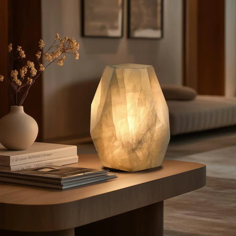 Handcrafted Dope Solid Calcite Table Lamp Carved From Natural Stone With Unique Crystal Veins Dimmable Bedside Lamp Pentagon White