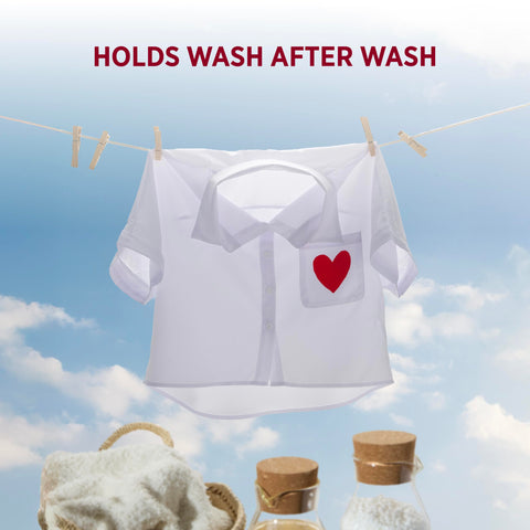 White shirt with red heart on a clothesline promoting Fabric Fusion Glue 4 Ounce Permanent And Washable No Sew Fabric Glue.