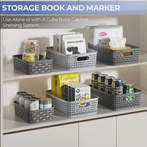 3 Pack Small Plastic Storage Baskets In Sleek Dark Gray For Hassle Free Home Organization And Pantry Reset With Heavy Duty Wicker Look Design A Fast Fix For Bedroom Kitchen Laundry Cabinet Countertop on shelf with items.