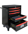 Heavy Duty 20 Inch Rolling Metal Toolbox Cabinet With Six-Drawer Ball Bearing Slides, Steel Tool Storage Organizer In Black And Red For Workshop And Garage, side view with open drawers showing interior space.