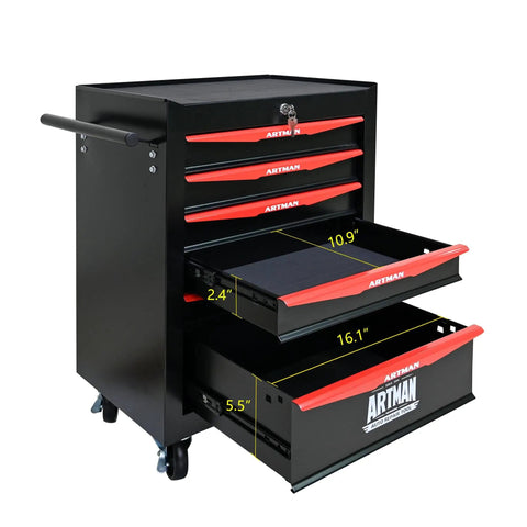 20 Inch Heavy Duty Rolling Metal Toolbox Cabinet With 6 Drawers Beefy Ball Bearing Slide Rails Industrial Grade Armor Steel Frame Black And Red Dual Color Tool Storage Organizer For Garage And Workshop shown open from side view