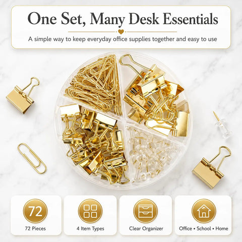 Gold Paper Binder And Clip Set With Push Pins, Metal Assorted Sized Binders, Paper Clips, And Holder displayed in organizer