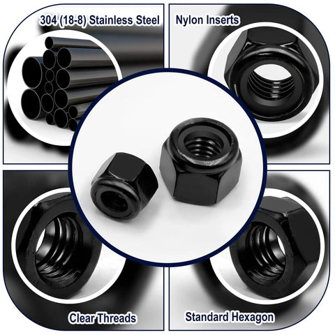 110 Pack Black Nylon Insert Lock Nuts Set For Inch Threaded Hardware SAE Nylock Nut Assortment Including 6-32, 8-32, 304 Stainless Steel